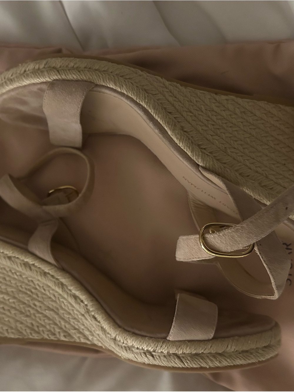 Stuart Weitzman Beige Espadrille Wedge Sandals with Gold Buckle